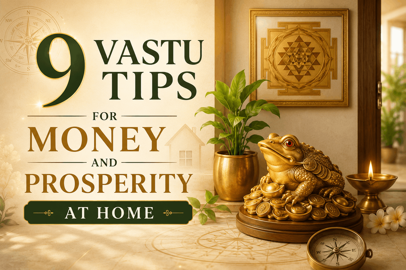 Luxury modern living room showing Vastu tips for money and prosperity at home with elegant home decor, indoor plants and premium Lucky Frog digital wall art.