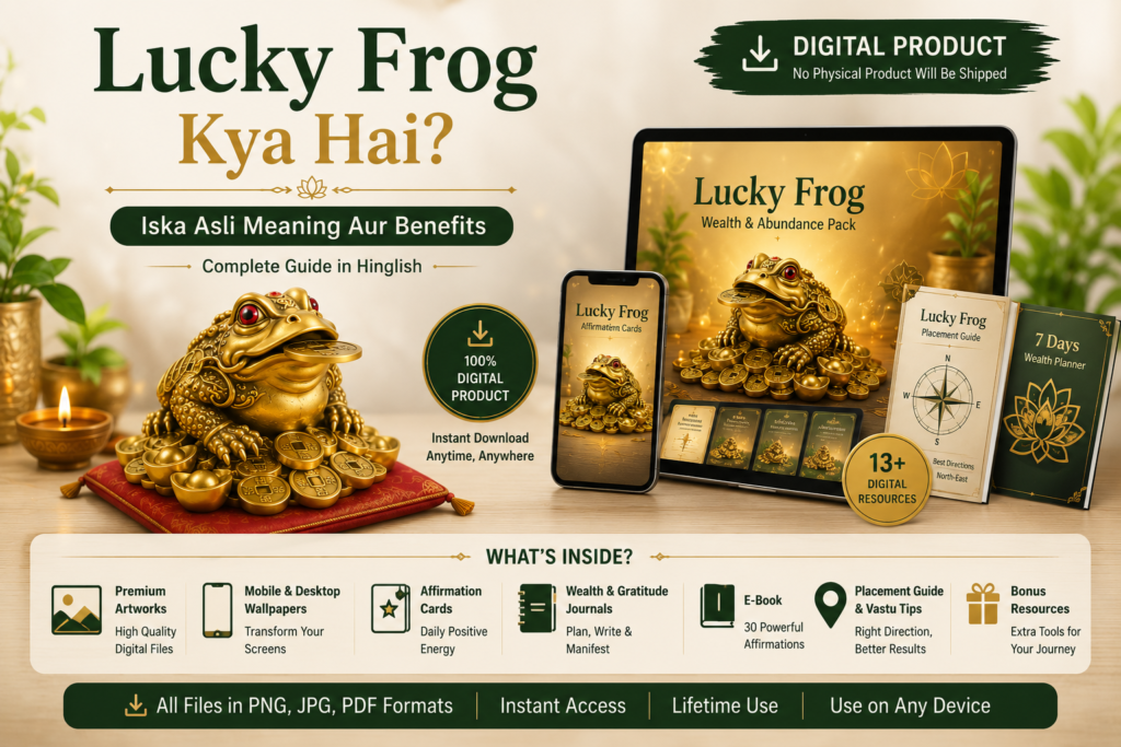 Lucky Frog Digital Product featuring Wealth & Abundance Pack with printable artwork, affirmation cards, wallpapers, planner, and Vastu placement guide.